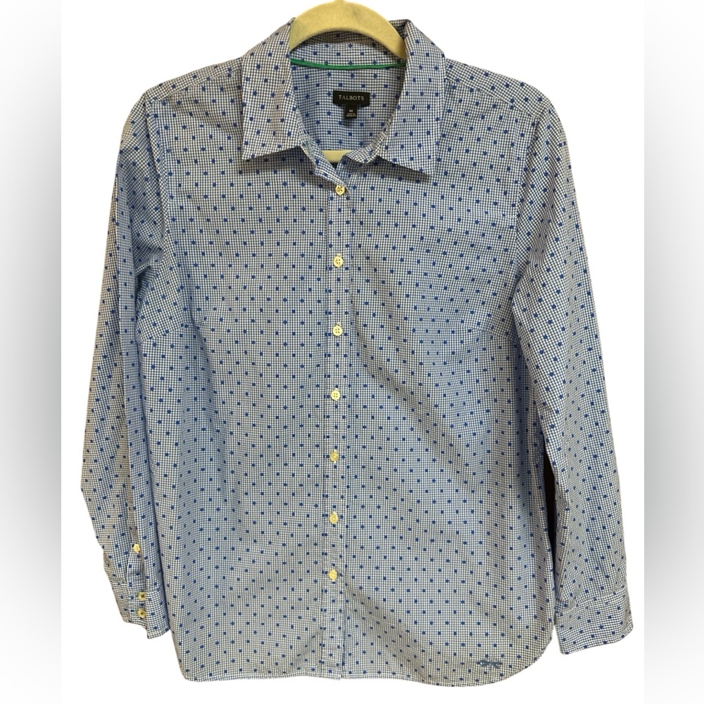 Talbots Blue Gingham Polka Dot Oxford Shirt Button Long Sleeves Back Darts Med